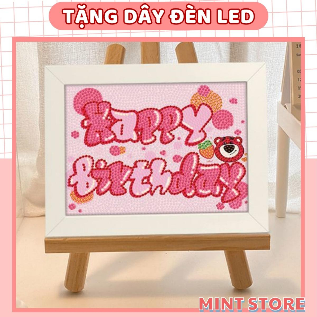Tranh đính đá mini DIY Happy Birthday có khung, tranh đính đá tự làm thiệp chúc mừng sinh nhật