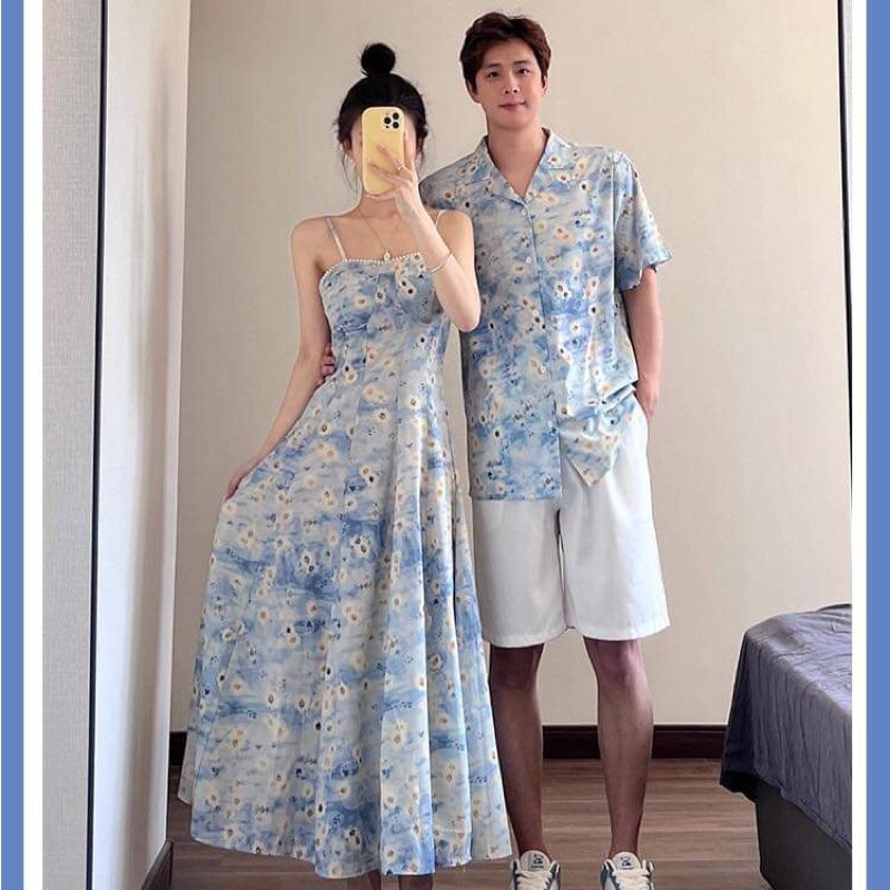 🐳 (Ảnh thật) Đầm sơmi đôi hoa xanh trắng dễ thương chụp ảnh đi du lịch