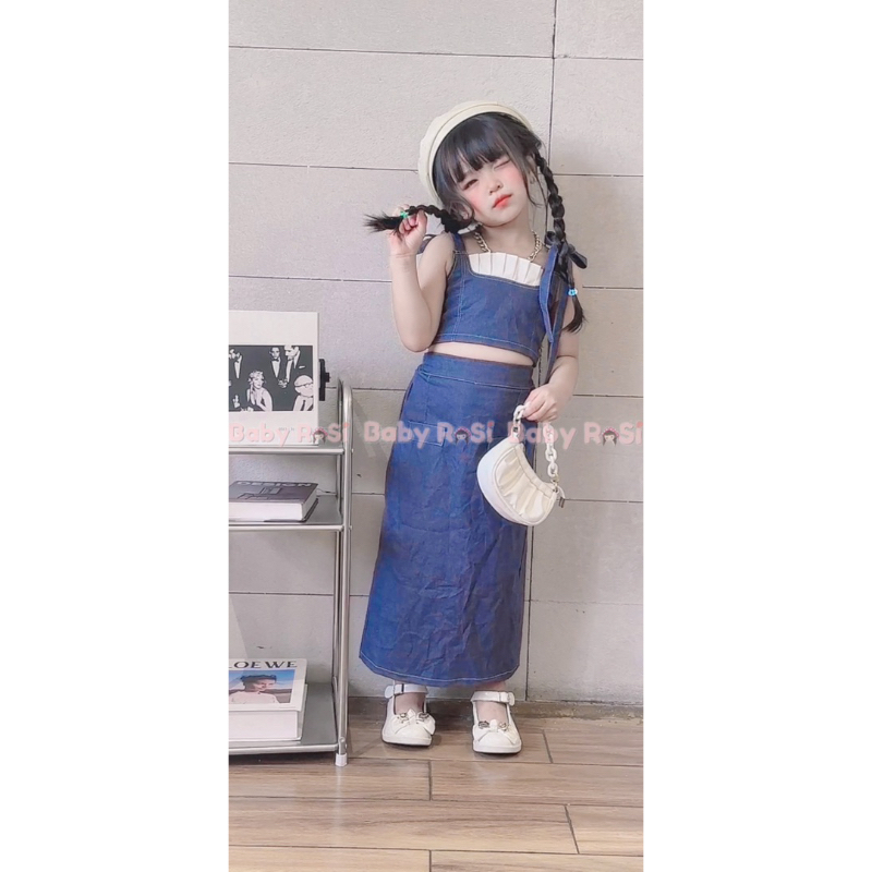 Sét áo dây jean kèm chân váy jean dáng dài cho bé