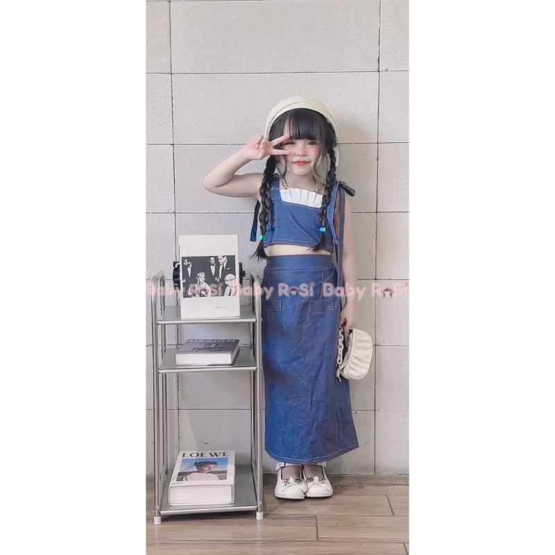 Sét áo dây jean kèm chân váy jean dáng dài cho bé