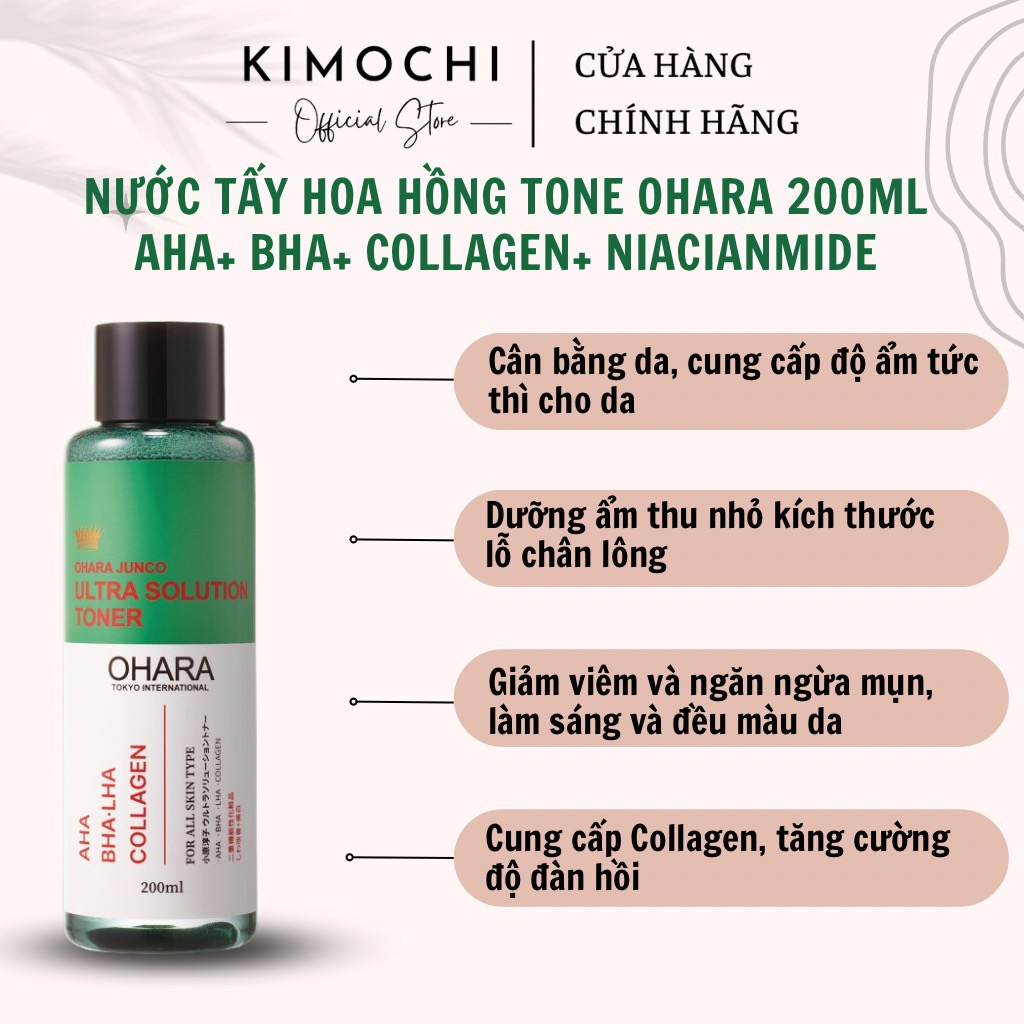 Nước hoa hồng toner OHARA AHA+BHA+COLLAGEN+NIACINAMIDE cân bằng, ngừa mụn, làm sạch và dưỡng da 200ml