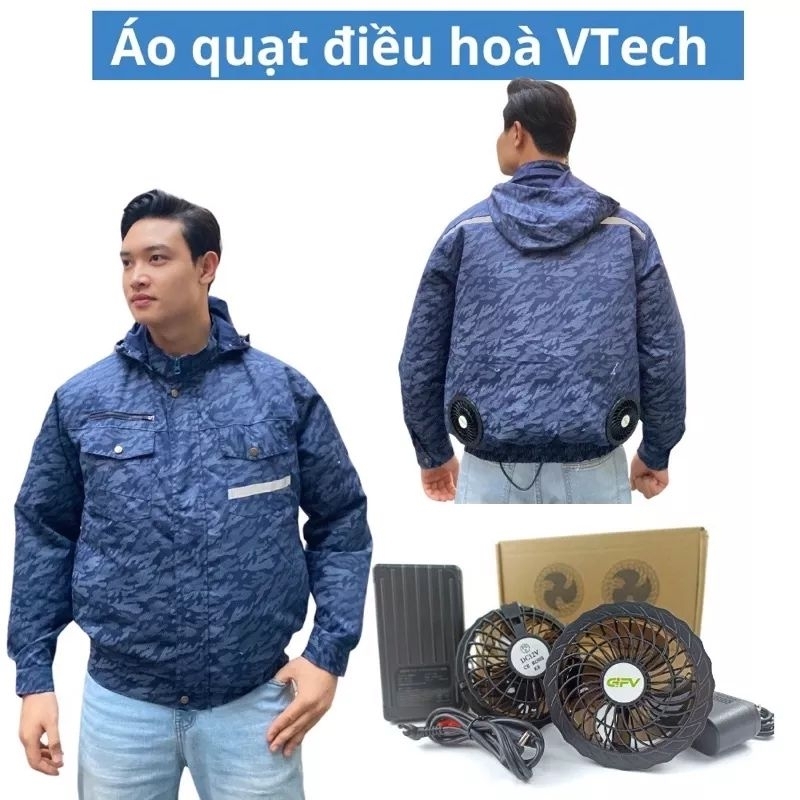 ÁO ĐIỀU HÒA CÓ MŨ MÀU XANH THAN + BỘ QUẠT 12V SIÊU MẠNH