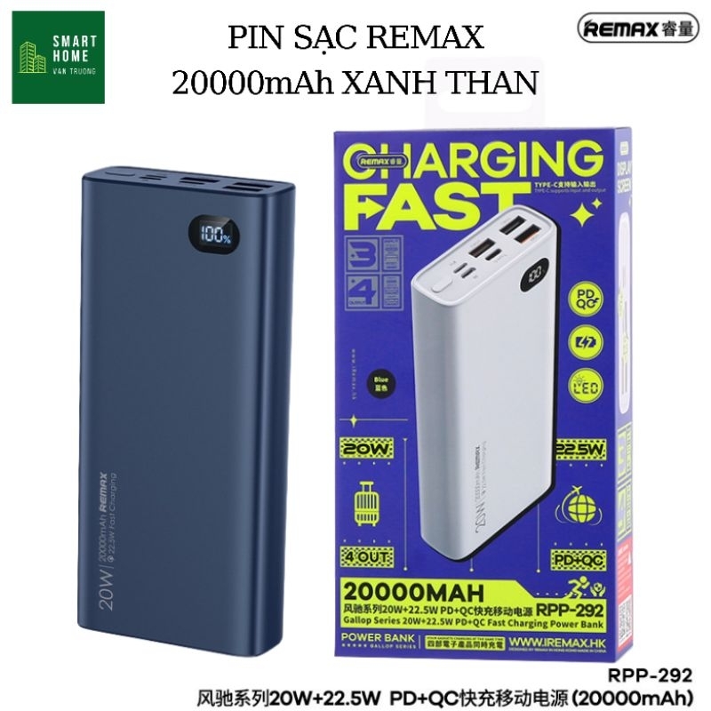 Sạc Dự Phòng 20000mAh, Pin Dự Phòng REMAX RPP-292 Sạc Nhanh PD 22.5W ra được 5V 9V 12V