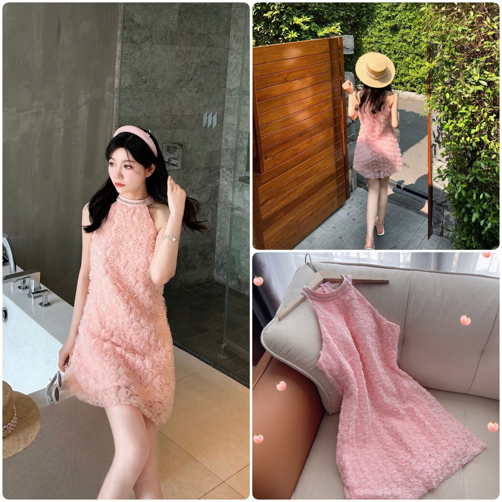 ĐẦM CỔ YẾM REN HOA HỒNG ĐÍNH ĐÁ