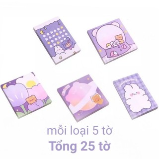 Bộ 25 tờ giấy note có dính chủ đề gấu và thỏ tím