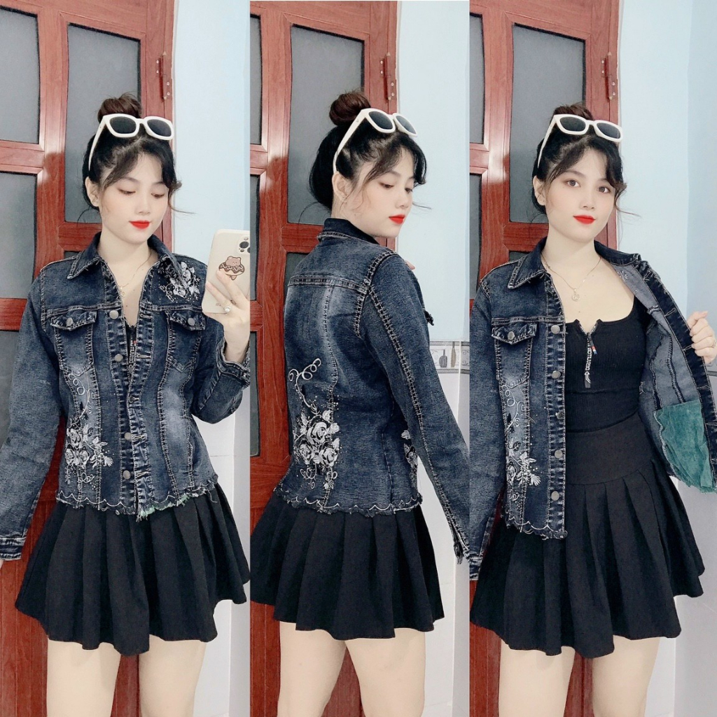 Áo khoác jean nữ Trung tính chất jean thun màu xám đen_co giãn nhẹ_ có túi trong_ size 45-65kg mặc vừa