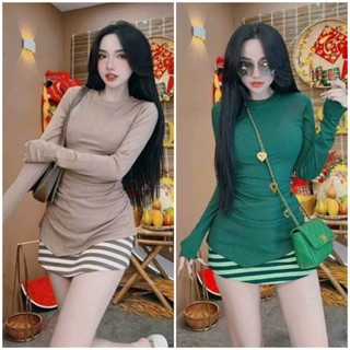 Set đầm váy nữ áo tay dài cổ tròn nhún eo mix chân váy ôm ngắn sọc ngang tôn dáng dành cho các nàng đi chơi, hẹn hò xinh