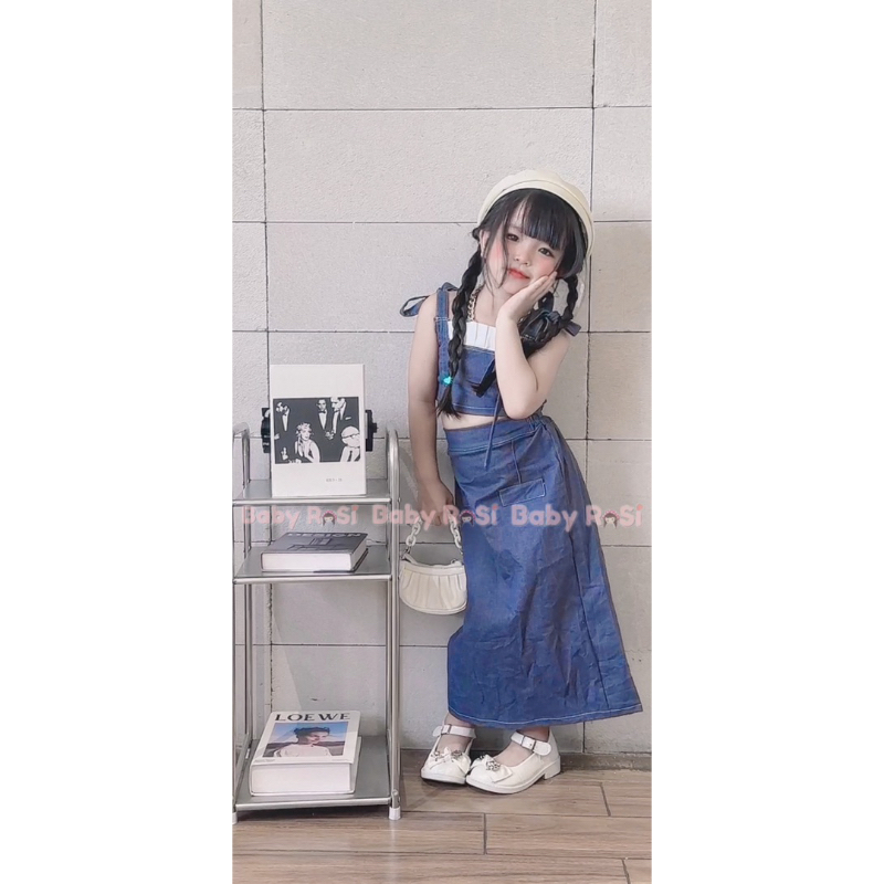 Sét áo dây jean kèm chân váy jean dáng dài cho bé