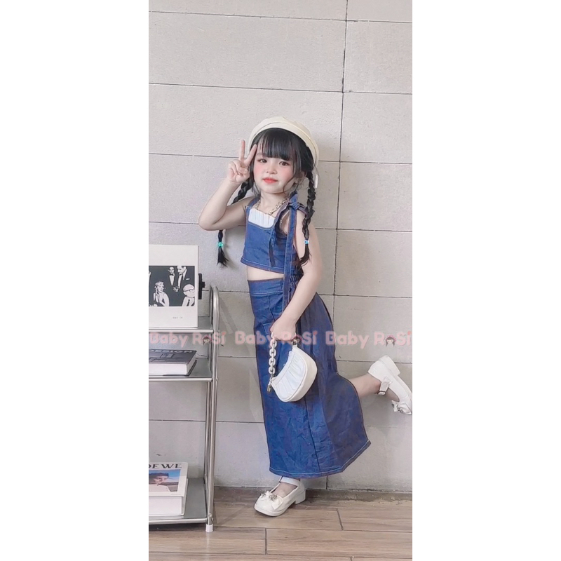 Sét áo dây jean kèm chân váy jean dáng dài cho bé