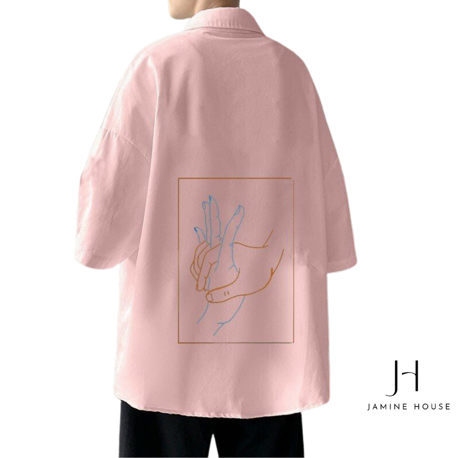 Áo Sơ Mi Nam Nữ JAMINE HOUSE Tay Ngắn Thêu Hình ĐAN TAY Lụa Mịn Mát Unisex Ulzzang