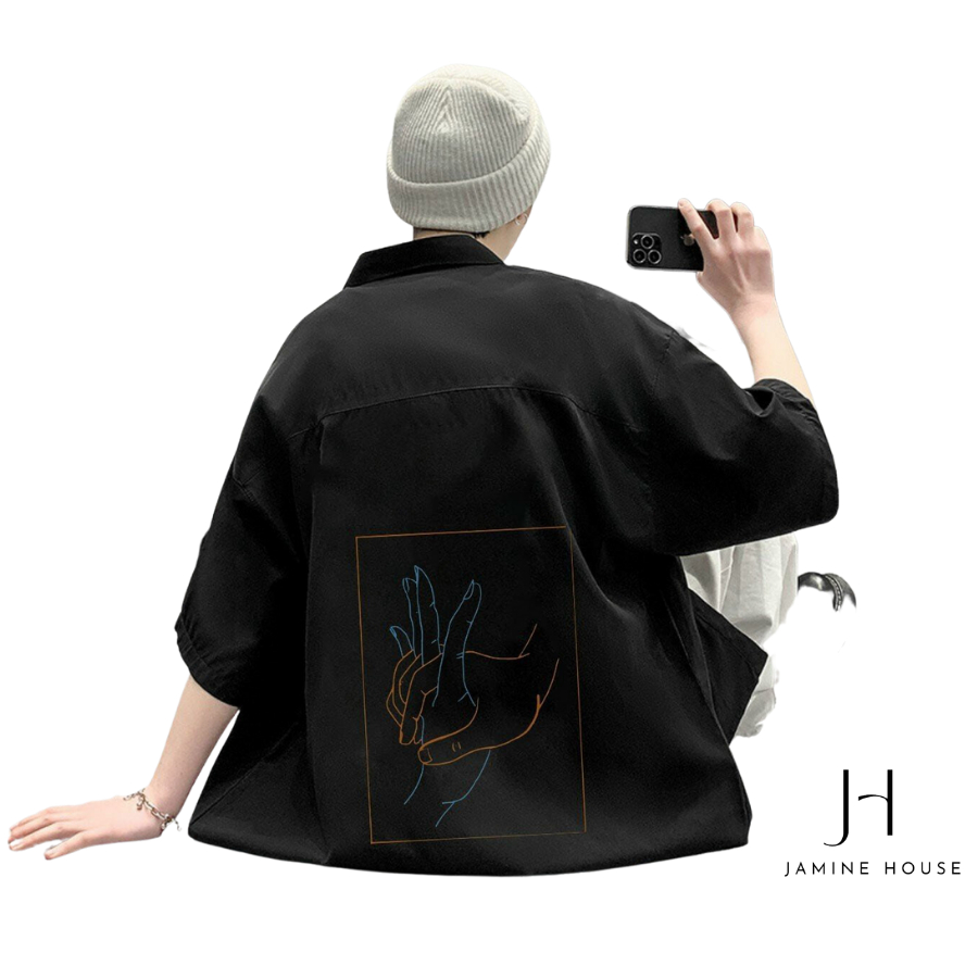 Áo Sơ Mi Nam Nữ JAMINE HOUSE Tay Ngắn Thêu Hình ĐAN TAY Lụa Mịn Mát Unisex Ulzzang