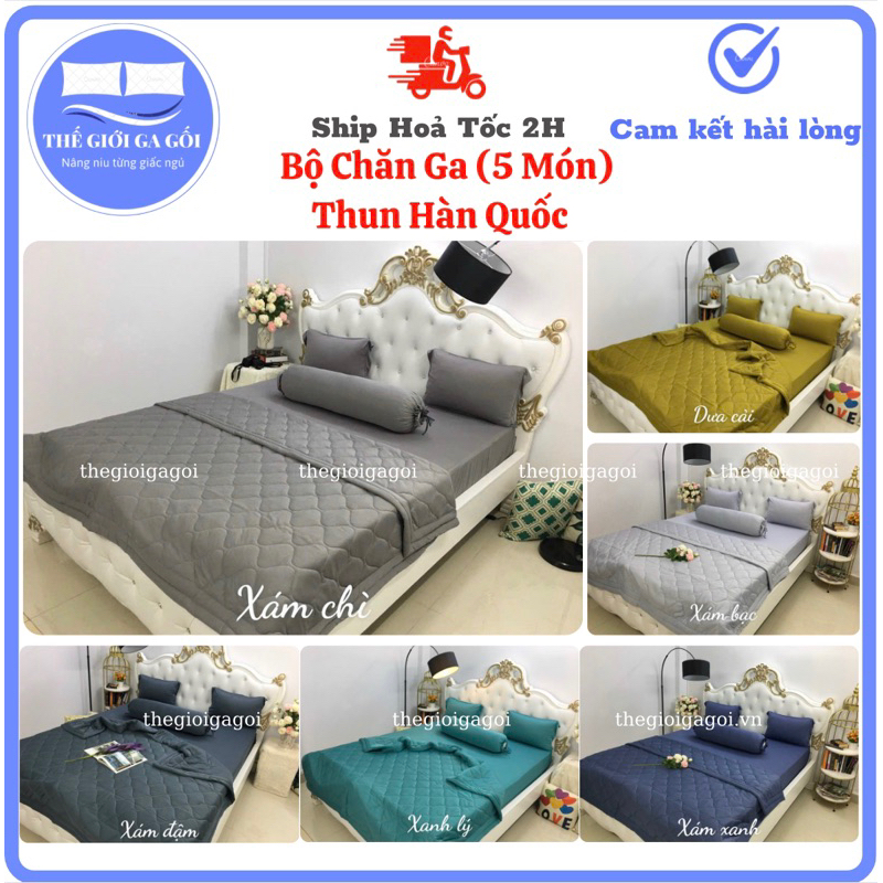 Bộ Chăn Ga Gối { 5 Món } Thun Lạnh Hàn Quốc 1 màu kèm mền chần bông