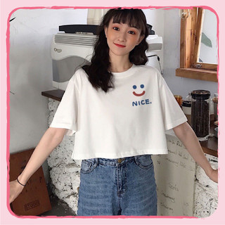 Áo croptop form rộng, In chữ NICE, Freesize < 55KG