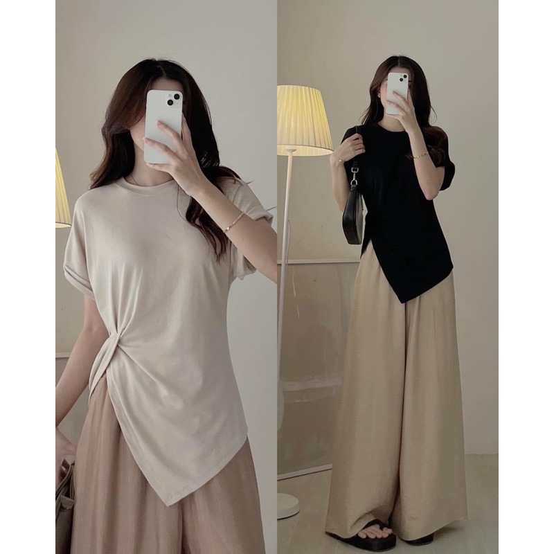 Áo thun tay ngắn xẻ tà kiểu cách desire tinh khiết mùa hè dáng ôm xếp ly bất đối xứng