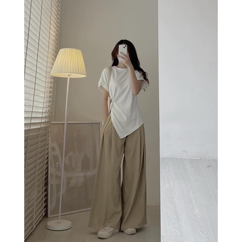 Áo thun tay ngắn xẻ tà kiểu cách desire tinh khiết mùa hè dáng ôm xếp ly bất đối xứng