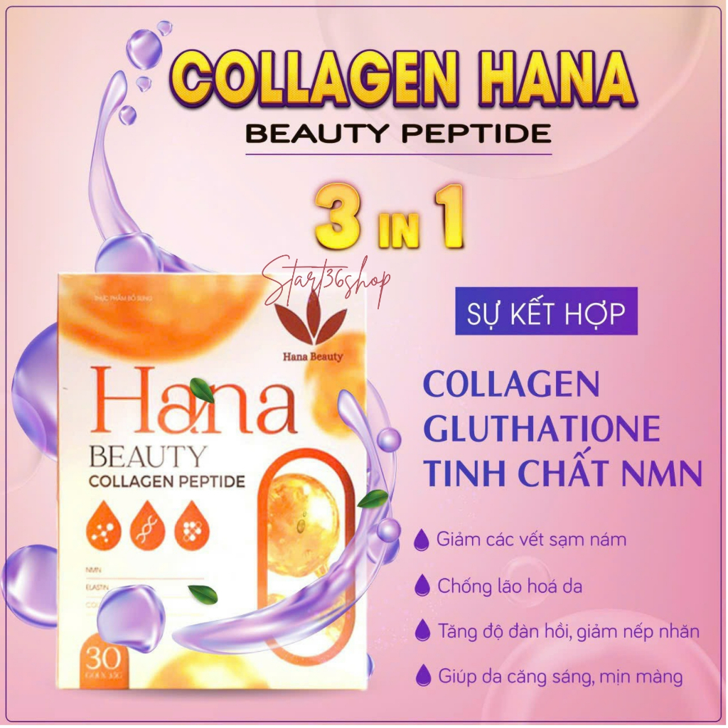 Collagen Hana Beauty peptide, Collagen uống, giúp trắng da, mờ thâm nám, nâng cơ trẻ hóa da, làn da căng bóng hộp 30 gói