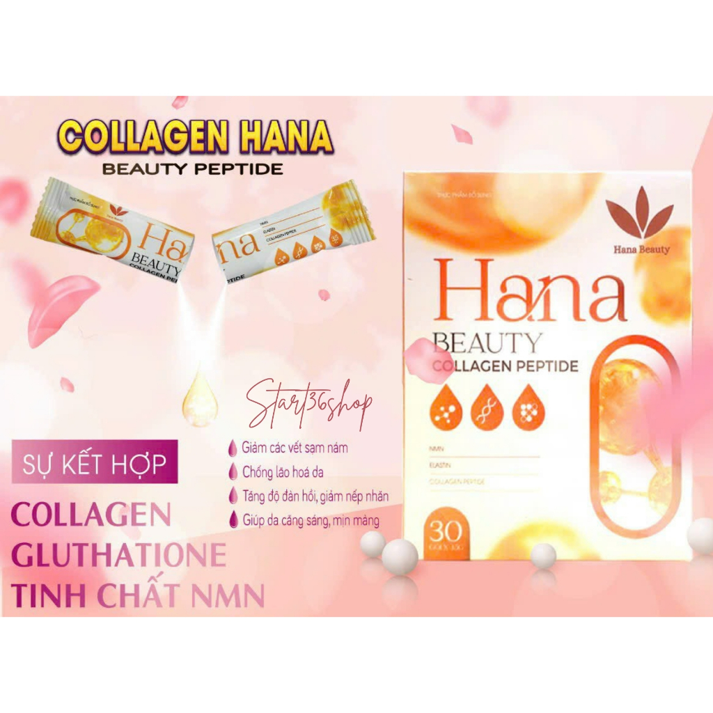 Collagen Hana Beauty peptide, Collagen uống, giúp trắng da, mờ thâm nám, nâng cơ trẻ hóa da, làn da căng bóng hộp 30 gói