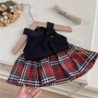 Set áo cổ yếm cv kẻ đỏ bé gái