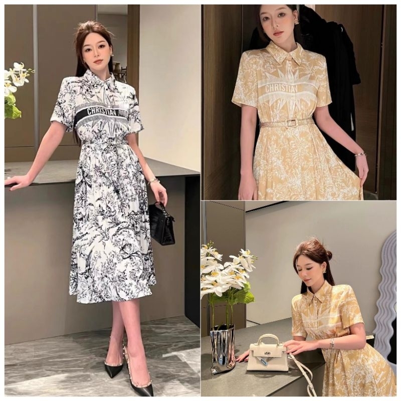 Đầm xoè cổ sơ mi họa tiết di.or kèm belt 2 màu cao cấp
