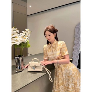 Đầm xoè cổ sơ mi họa tiết di.or kèm belt cao cấp