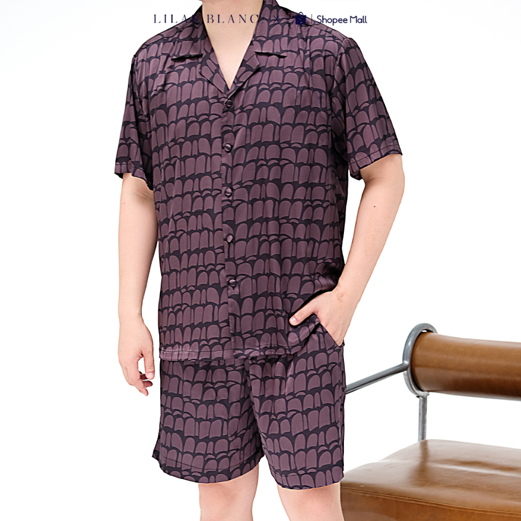 Bộ Pyjamas Nam Mặc Nhà Áo Cộc Quần Cộc Chất Liệu Lụa Hoạ Tiết Rome Nâu PJ Summer Men LILAS BLANC