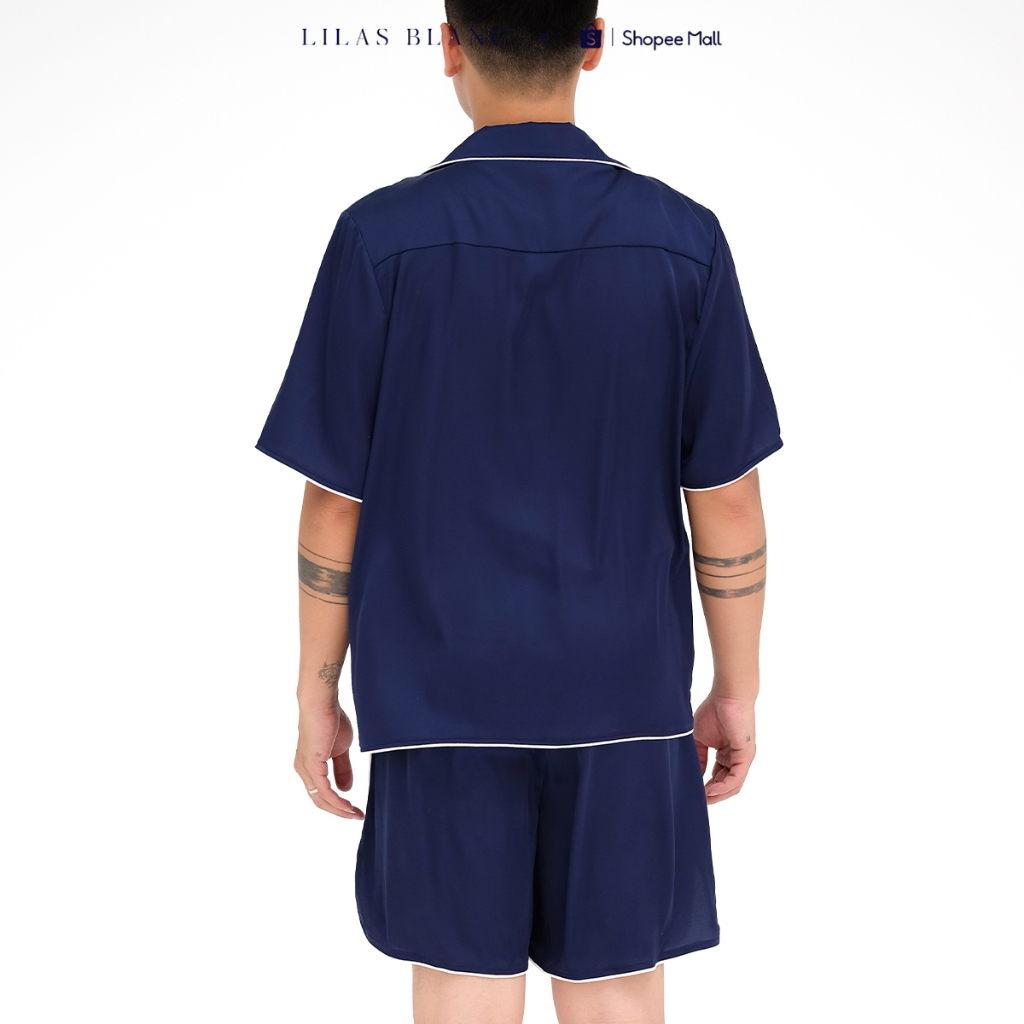 Bộ Pyjamas Nam Mặc Nhà Áo Cộc Quần Cộc Chất Liệu Lụa Trơn Màu Xanh Navy PJ Classic Summer Men LILAS BLANC