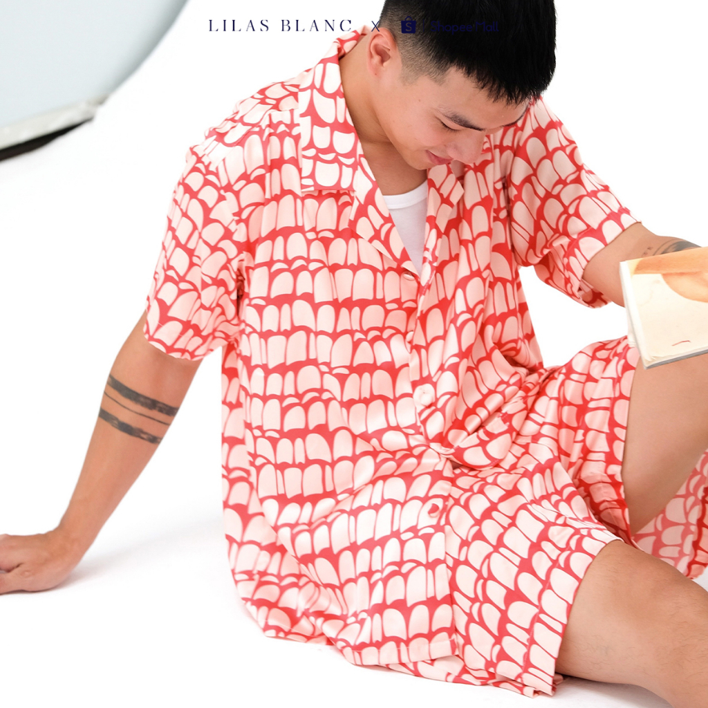 Bộ Pyjamas Nam Mặc Nhà Áo Cộc Quần Cộc Chất Liệu Lụa Hoạ Tiết Rome Đỏ PJ Summer Men LILAS BLANC