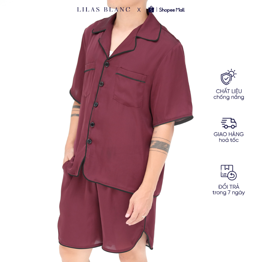 Bộ Pyjamas Nam Mặc Nhà Áo Cộc Quần Cộc Chất Liệu Lụa Trơn Đỏ Thẫm Maroon PJ Classic Summer Men LILAS BLANC