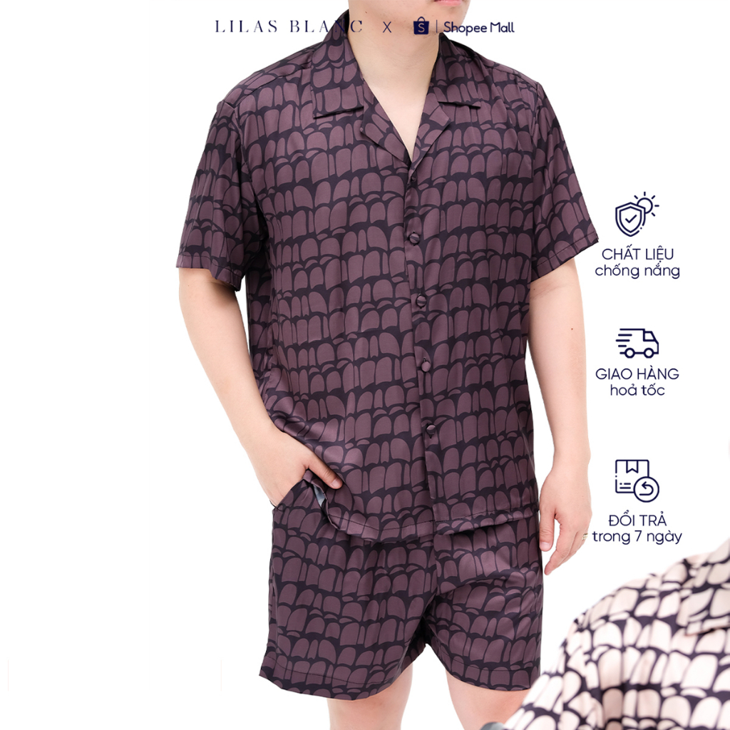 Bộ Pyjamas Nam Mặc Nhà Áo Cộc Quần Cộc Chất Liệu Lụa Hoạ Tiết Rome Nâu PJ Summer Men LILAS BLANC