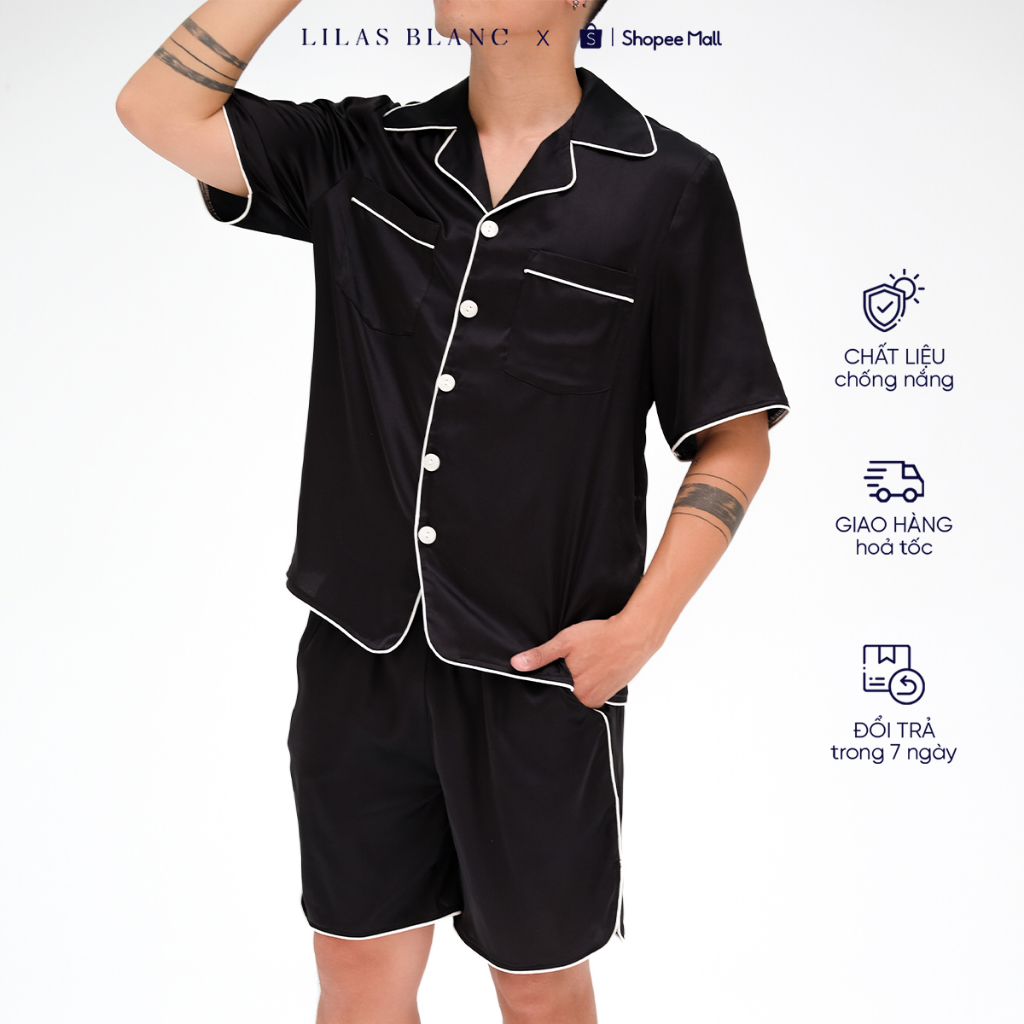 Bộ Pyjamas Nam Mặc Nhà Áo Cộc Quần Cộc Chất Liệu Lụa Trơn Màu Đen PJ Classic Summer Men LILAS BLANC