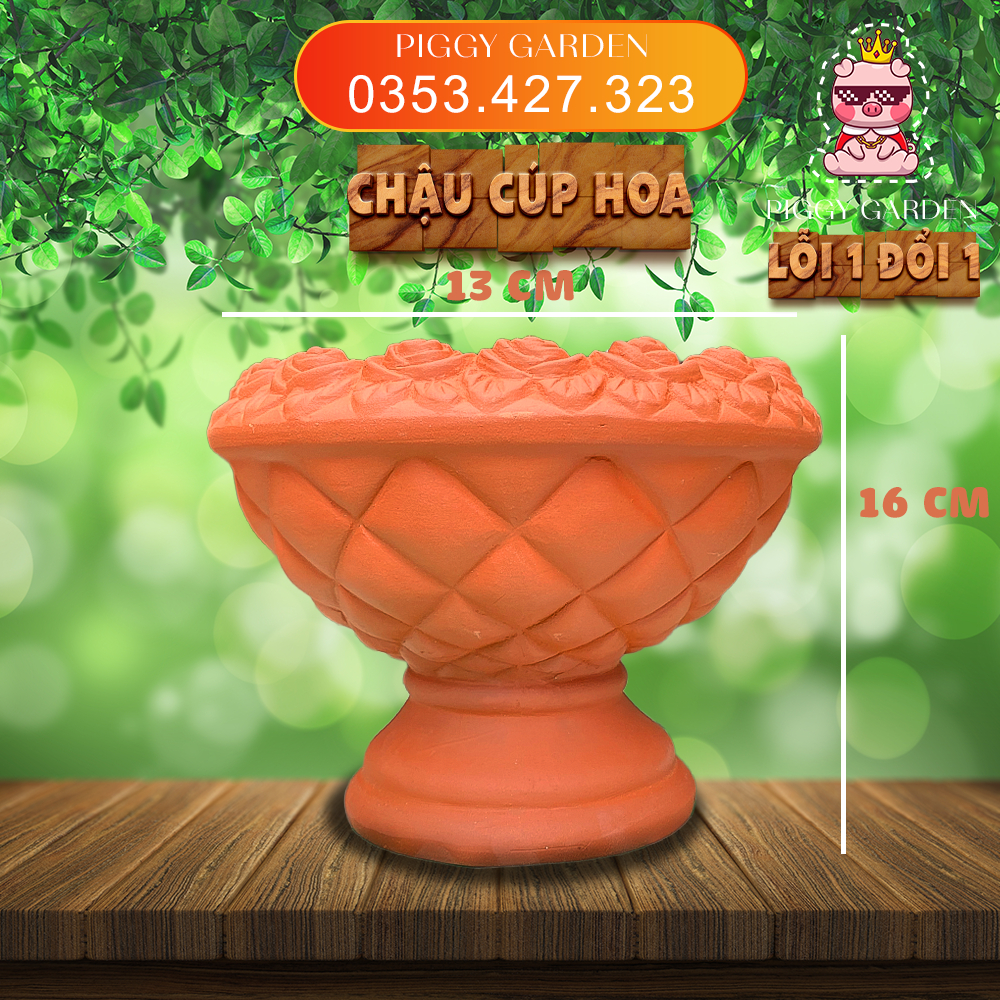 Chậu đất nung - Chậu trồng sen đá, xương rồng - Chậu cúp hoa hồng miệng 13cm, cao 16cm