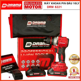 Máy Khoan Pin DRAMA 5221, 2 Chức Năng, Động Cơ Không Chổi Than, Đầu Kẹp 10ly Kim Loại Có KHOÁ TRỤC, Chân Pin Phổ Thông