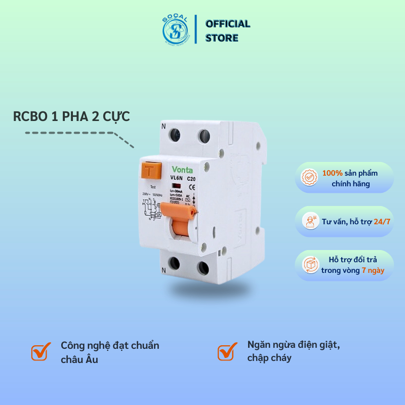 Cầu dao Aptomat an toàn chống rò giật VONTA,  RCBO 1 Pha 2 Cực, độ nhạy 30mA