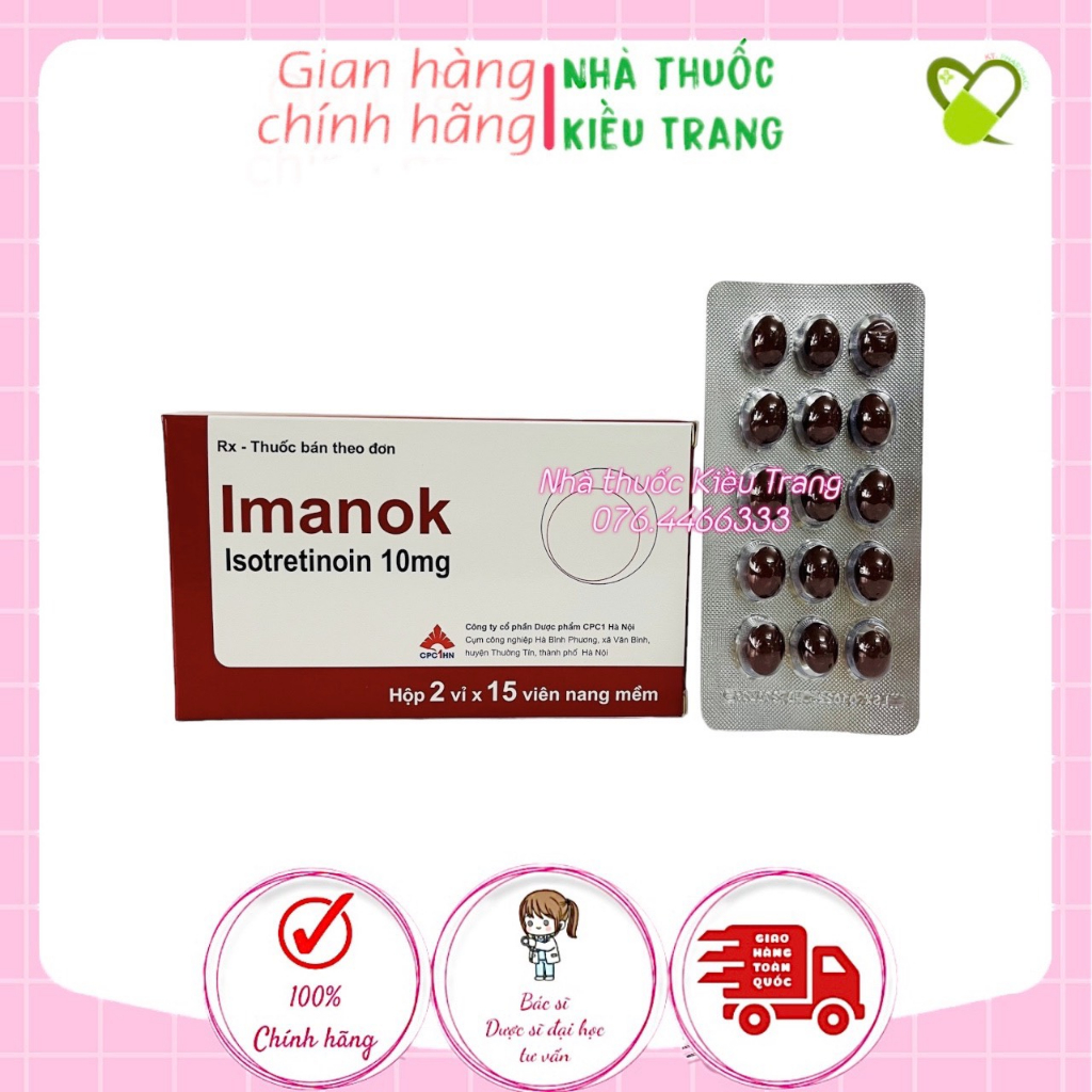 IMANOK 10 mg (isotretionin), viên uống giảm mụn trứng cá, mụn bọc, viêm nang lông