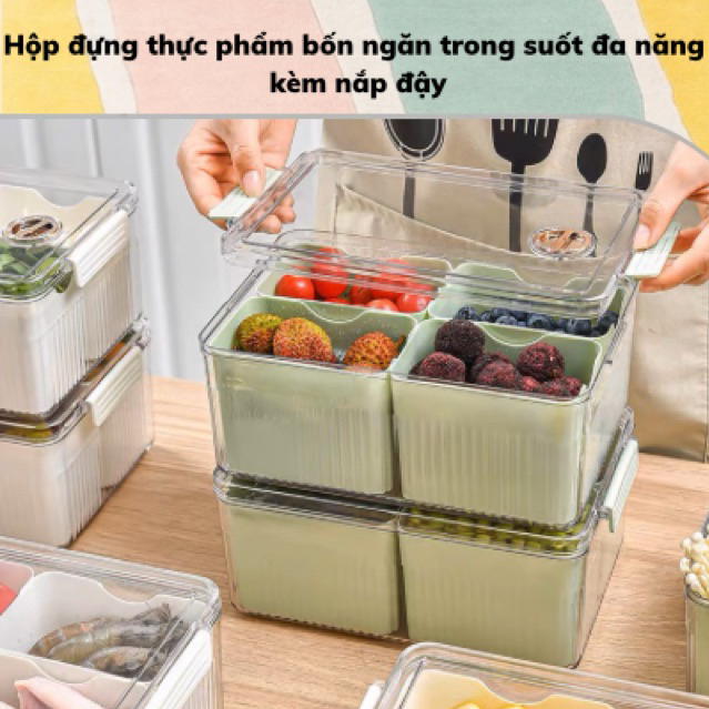 Hộp đựng thực phẩm 4 ngăn trong suốt đa năng kèm nắp đậy tiện lợi