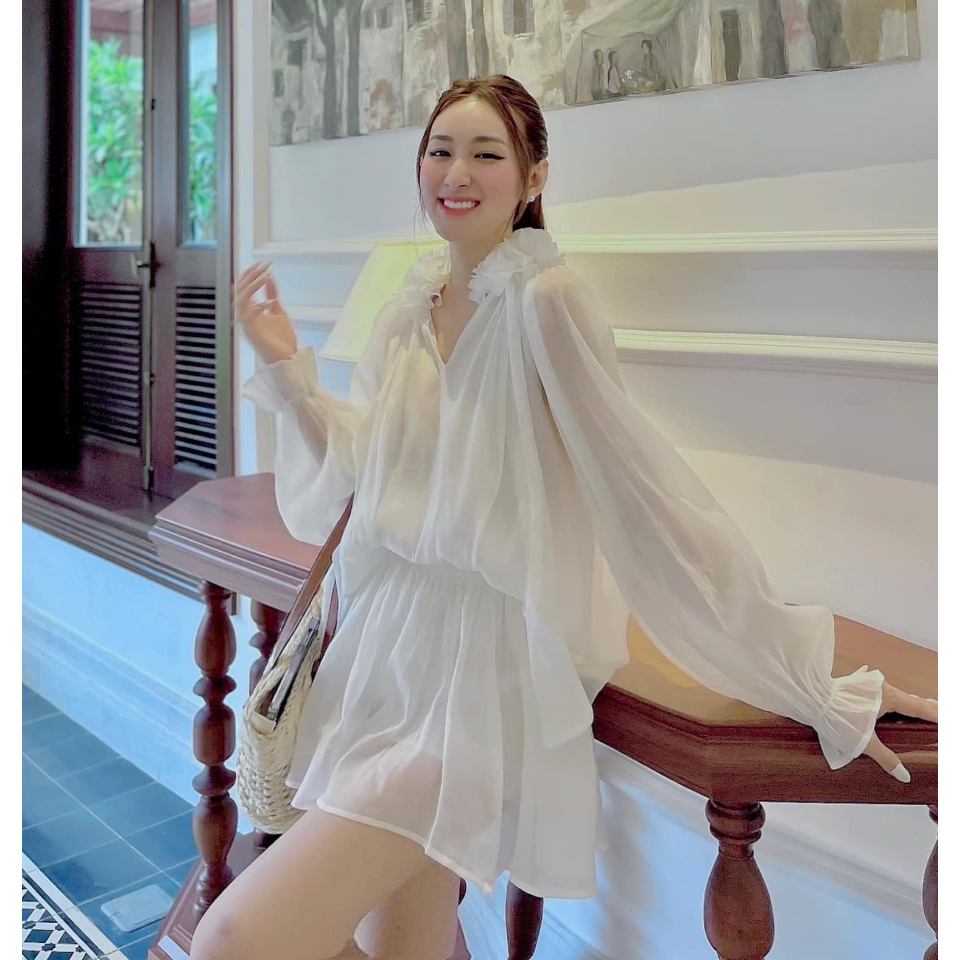 Set chân váy xòe lót quần phối áo sơ mi dài tay cổ bèo đính hoa thiết kế tiểu thư sang chảnh nữ tính đi chơi dự tiệc LEV