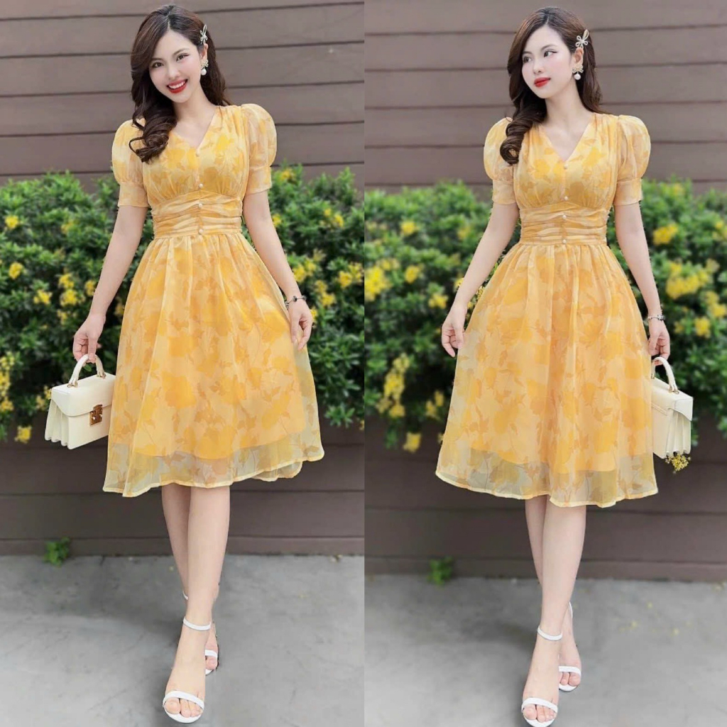 Đầm váy nữ voan hoa cổ chữ V nhún eo đính cườm xòe với tone màu vàng sáng da, xinh xắn