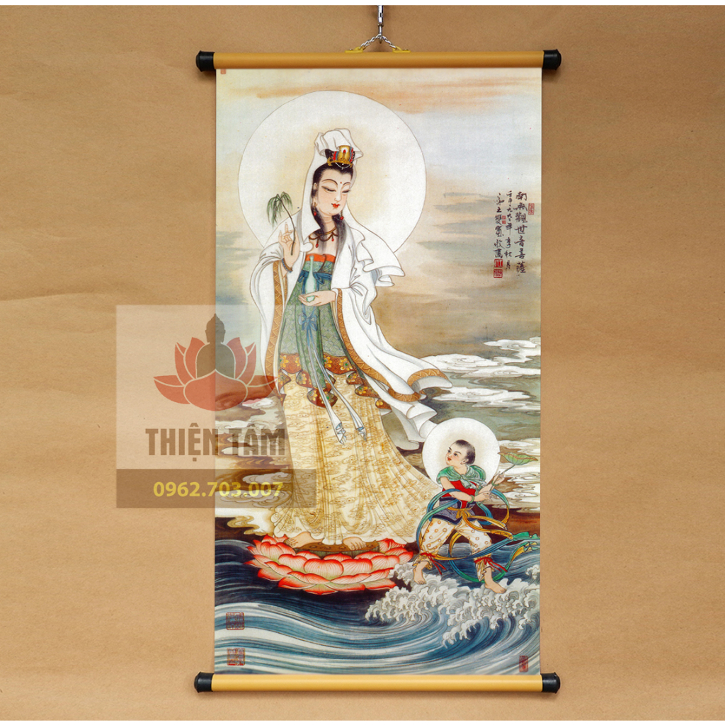 Tranh Quan Âm Bồ Tát Thiện Tài Đồng Tử 40x75cm treo tường bằng vải cao cấp dày dặn