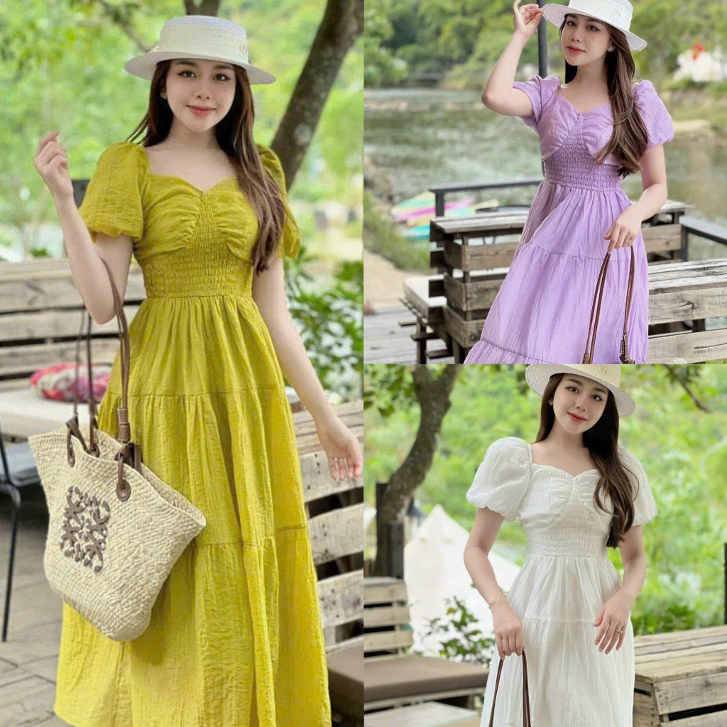 Đầm váy nữ maxi tay phồng chạy mocking eo nhún tầng xinh xắn cùng các tone màu tươi tắn cho các nàng dự tiệc, đi biển