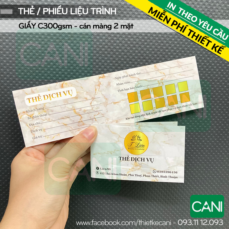 500 cái Thẻ liệu trình Phiếu Spa In theo yêu cầu Phiếu quà tặng Thẻ giảm giá Card gập đôi CANI