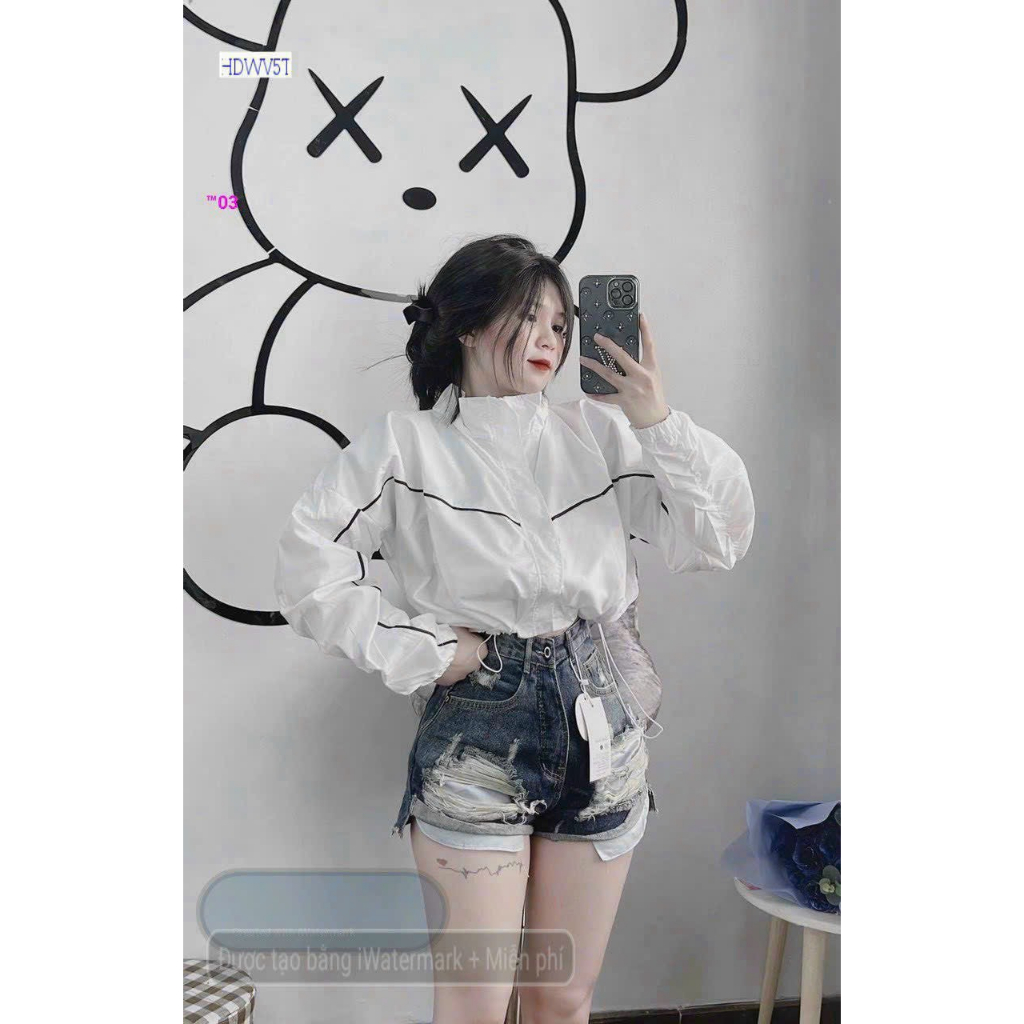 Aó Khoát dù Kiểu Croptop Thời trang Đi Nắng Cho Nữ,Aó Gió Xịn 2 lớp Cổ Đứng Viền Sọc Nhỏ Phối Thân Có Túi trong,Dây rút