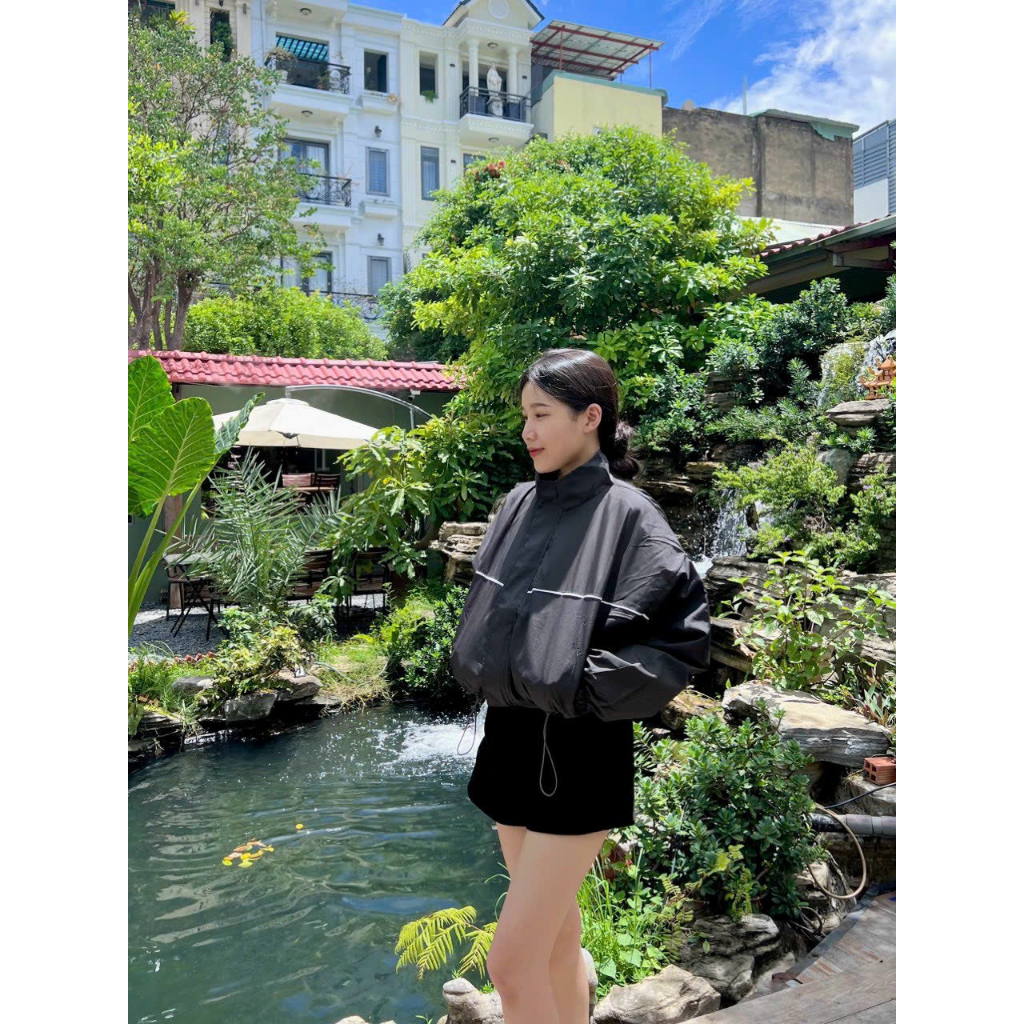 Aó Khoát dù Kiểu Croptop Thời trang Đi Nắng Cho Nữ,Aó Gió Xịn 2 lớp Cổ Đứng Viền Sọc Nhỏ Phối Thân Có Túi trong,Dây rút