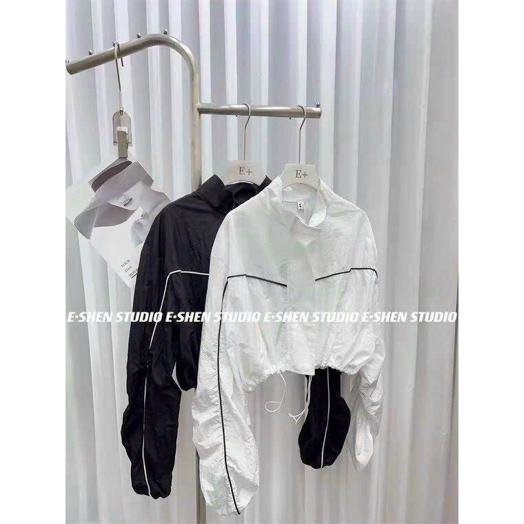 Aó Khoát dù Kiểu Croptop Thời trang Đi Nắng Cho Nữ,Aó Gió Xịn 2 lớp Cổ Đứng Viền Sọc Nhỏ Phối Thân Có Túi trong,Dây rút