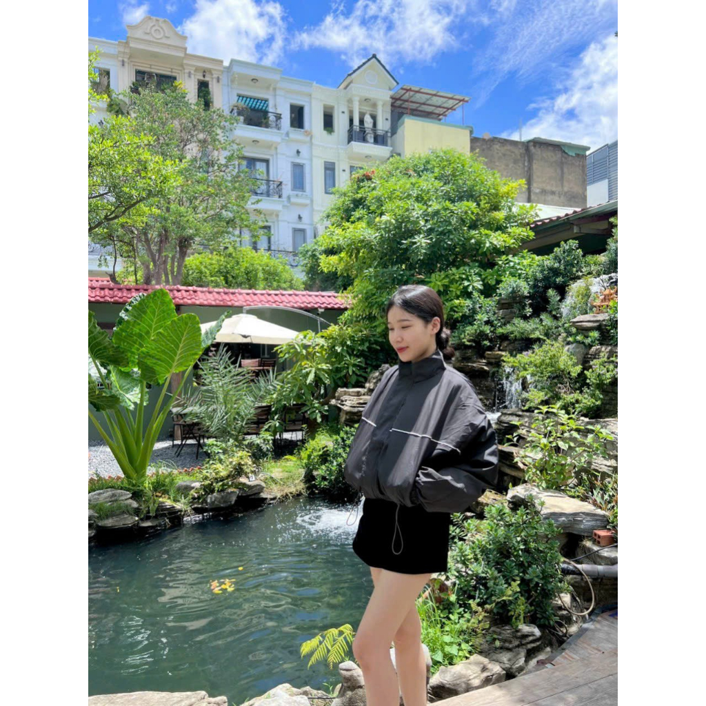 Aó Khoát dù Kiểu Croptop Thời trang Đi Nắng Cho Nữ,Aó Gió Xịn 2 lớp Cổ Đứng Viền Sọc Nhỏ Phối Thân Có Túi trong,Dây rút