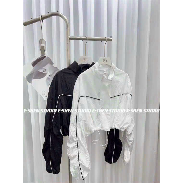 Aó Khoát dù Kiểu Croptop Thời trang Đi Nắng Cho Nữ,Aó Gió Xịn 2 lớp Cổ Đứng Viền Sọc Nhỏ Phối Thân Có Túi trong,Dây rút