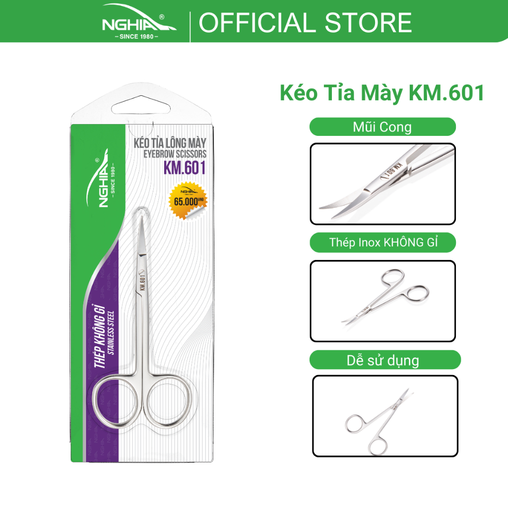 Kéo Cắt Tỉa Lông Mày Mũi Cong Nhọn Thép Không Gỉ Cao Cấp KỀM NGHĨA KM.601