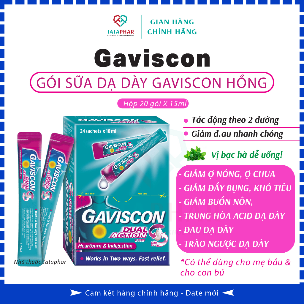 Gói sữa dạ dày Gaviscon hồng - Hỗ trợ giảm nhanh ợ nóng và khó tiêu - Vị Bạc hà dễ uống - Hộp 24 gói