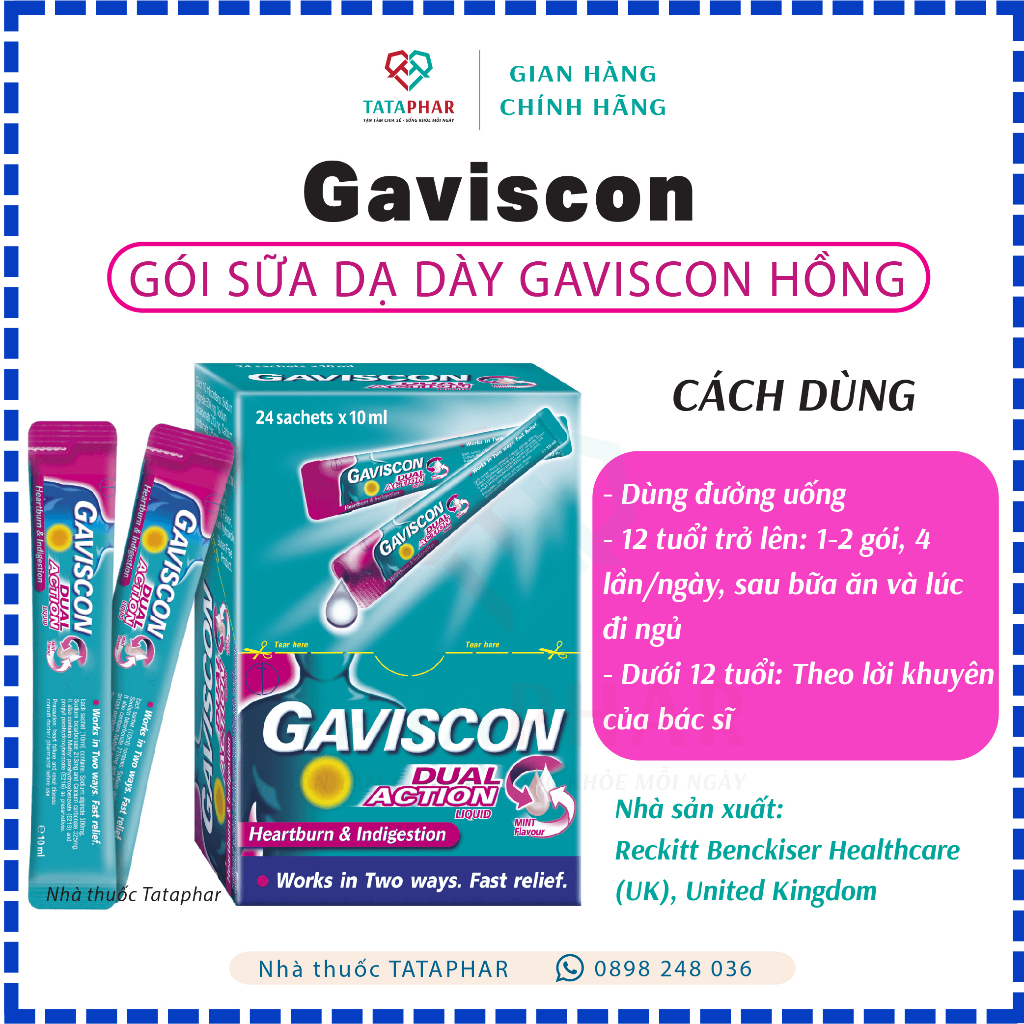 Gói sữa dạ dày Gaviscon hồng - Hỗ trợ giảm nhanh ợ nóng và khó tiêu - Vị Bạc hà dễ uống - Hộp 24 gói