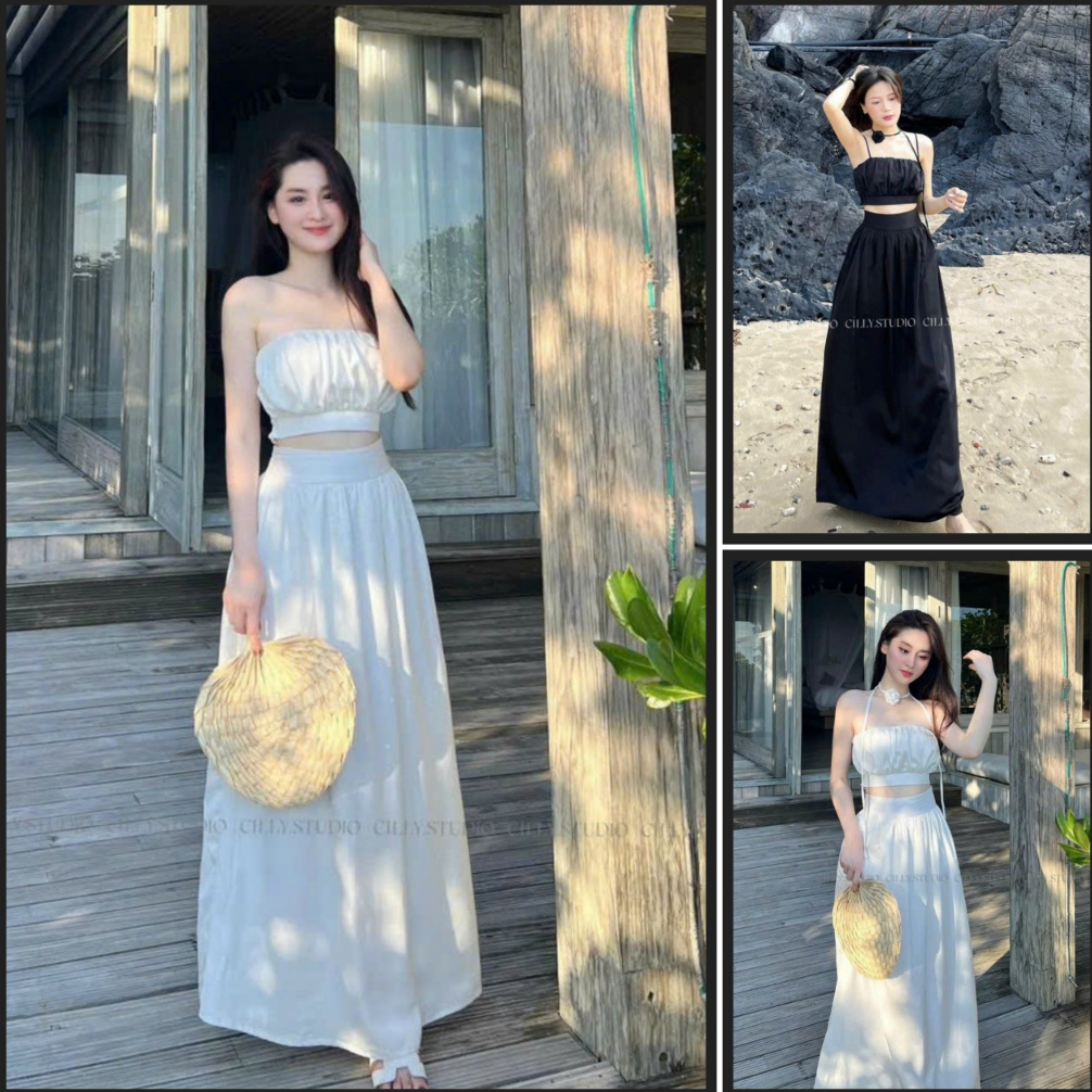 Set 2 món áo quây ôm croptop cột hoa sang chảnh mix chân váy maxi siêu sang chảnh hot hit dành các nàng thơ xinh xắn
