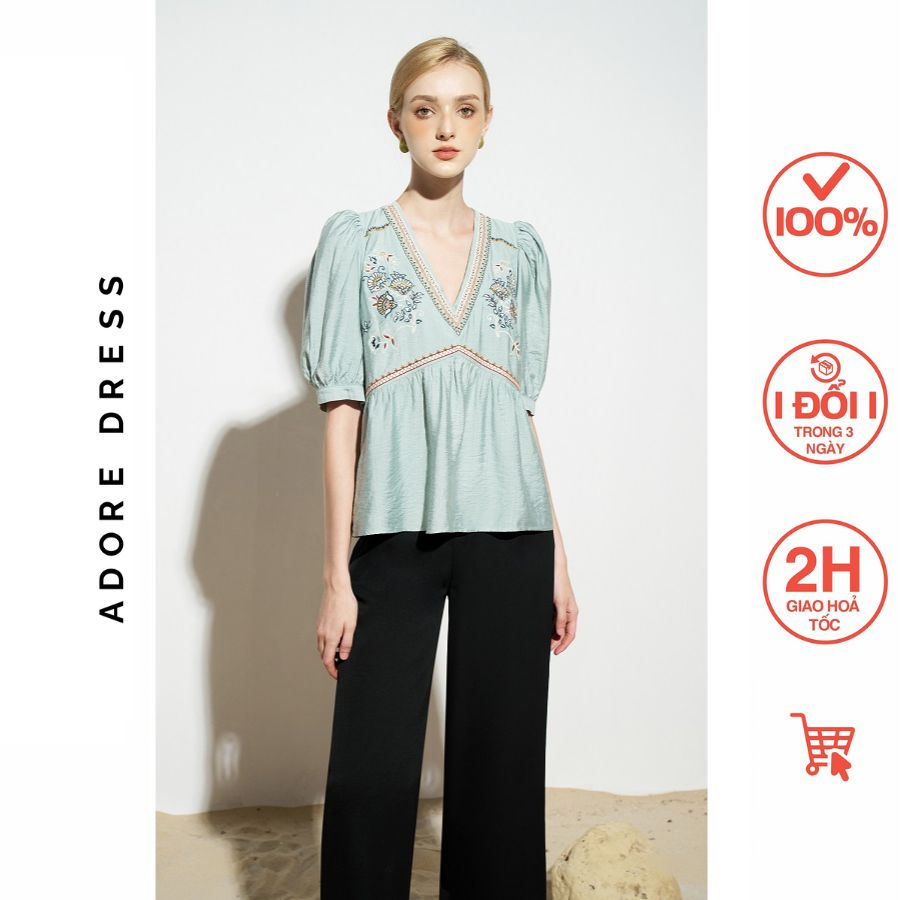 Áo sơ mi Tops official style giả đũi trơn blue thêu ngực 311TO1015 ADORE DRES